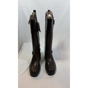 Guess Women's Brown Leather Knee High Riding Boots Lug Sole Side Zip Buckle